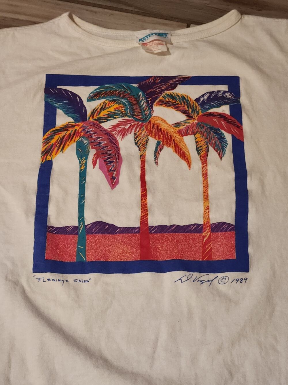 Vintage 1989 "Flamingo Skies" Art Tee | D. Vigil USA | Oversized XL